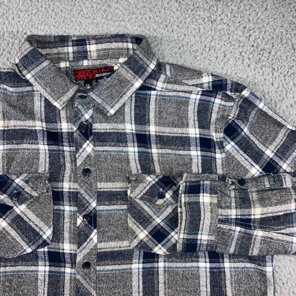 Distortion Flannel Shirt Men XXL Gray Blue Plaid‎ L/S Outdoor Workwear Skater